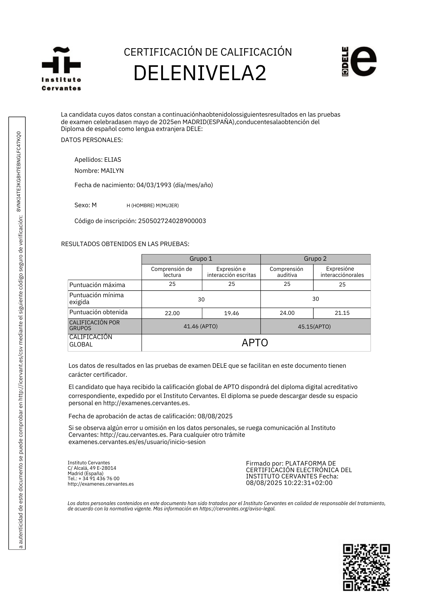My Apto Result certificate
